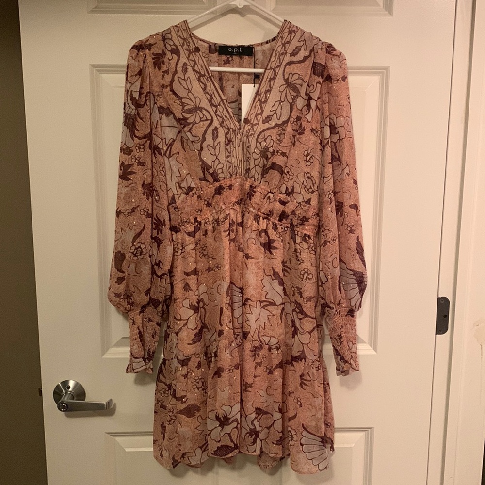 OPT Anthropologie Peach Floral Degage Metallic Boho Peasant Mini Dress Size S